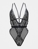 Ann Summers Obsession lace and fishnet plunge front crotchless bodysuit with strapping detail in black