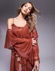 ASOS DESIGN volume off the shoulder maxi dress with oversized ruffles in rust abstract print