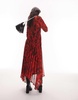 Topshop seamed ruch mesh midi dress in red floral print