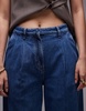 ARKET super soft denim wide leg pants with tailored waistband and pleat front in mid wash blue
