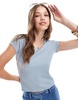 ASOS DESIGN waffle v neck cap sleeve slim t-shirt in light blue