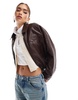 ASOS DESIGN leather look top collar jacket in burgundy