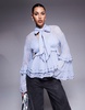 ASOS LUXE pearl embellished chiffon exaggerated blouse in blue