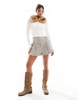 Bershka faux fur collar zip up knit top in ecru