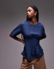 ARKET lightweight denim blouse with pleated bodice in mid wash blue