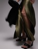 Topshop spliced split satin midi skirt in olive