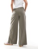 ASOS DESIGN tailored tie waist wide leg pants with pleat detail in brushed khaki