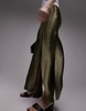 Topshop spliced split satin midi skirt in olive