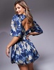 ASOS LUXE jacquard puff sleeve collared mini dress with embellished buttons in blue and gold floral