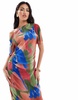 ASOS DESIGN short sleeve plisse midi dress with gathered waist in abstract print
