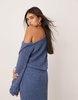 ASOS EDITION fine knit twist off shoulder cropped sweater in slate blue - part of a set