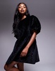 ASOS DESIGN quilted velvet puff sleeve smock mini dress in black