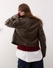 Reclaimed Vintage leather look biker jacket with stripes in washed brown