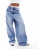 Stradivarius Petite wide leg jeans with boxer waist in medium blue