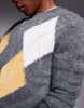 ASOS DESIGN knitted crew neck sweater with argyle pattern in gray