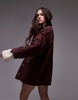 Topshop denim trucker jacket with contrast corduroy collar in burgundy