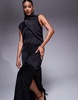 ASOS DESIGN asymmetric column fringe hem satin midi dress in black