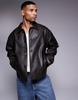 ASOS DESIGN faux leather harrington jacket in black wash