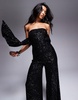 ASOS DESIGN sequin bandeau wide leg jumpsuit with draped back detailing in black