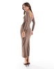 Bershka long sleeve square neck bodycon midaxi dress in beige