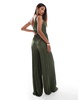 ASOS DESIGN plisse asymmetric drape cami jumpsuit in khaki