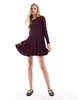 Monki long sleeve mini skater dress in burgundy