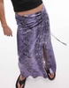 Topshop snake print ruched side midi skirt in purple