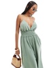 ASOS DESIGN shirred linen cami jumpsuit with wide culotte legs in sage