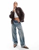 ASOS DESIGN leather look top collar jacket in burgundy