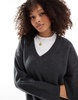 Bershka fluffy v-neck sweater in gray heather