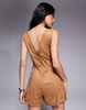 ASOS DESIGN suedette lace-up romper with stud detail in tan