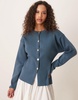 ASOS DESIGN knit structured crew neck cardigan with gold buttons in petrol blue