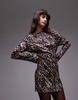 Topshop plisse long sleeve mini dress in leopard print
