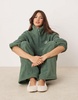 ASOS DESIGN lounge microfleece zip collar sweat & wide leg set in khaki with contrast trim