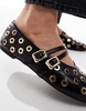 ASOS DESIGN Landon double strap mary jane ballet flats in black with studs
