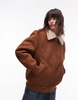 Topshop faux suede shearling bomber jacket in brown