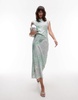 & Other Stories bias cut satin midi dress with drape detail in green oil print
