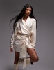 ASOS DESIGN satin jacquard 80's tie waist blouse in ecru
