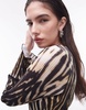 Topshop scoop neck plisse lettuce hem midi dress in mono zebra print