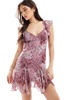 Bershka frill detail tie back mini dress in pink paisley