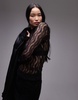 Topshop wave lace high neck top in black