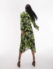 Topshop hanky hem linear floral midi shirt dress in green