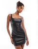 Bershka square neck faux leather mini dress in black