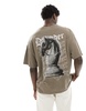 ADPT oversized T-shirt with chess back print in washed brown