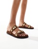 4th & Reckless gold shell embellished double strap flat sandals in faux suede brown