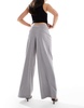Bershka wide leg tailored pants with belt detail in light gray