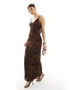 ASOS DESIGN mesh cami maxi dress with ruffle back detail in brown rodeo print