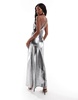 Aria Cove textured satin plunge cami strappy back maxi dress in gunmetal