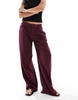 Bershka Petite low rise wide leg tailored pants in burgundy