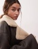Miss Selfridge contrast borg faux leather jacket in brown